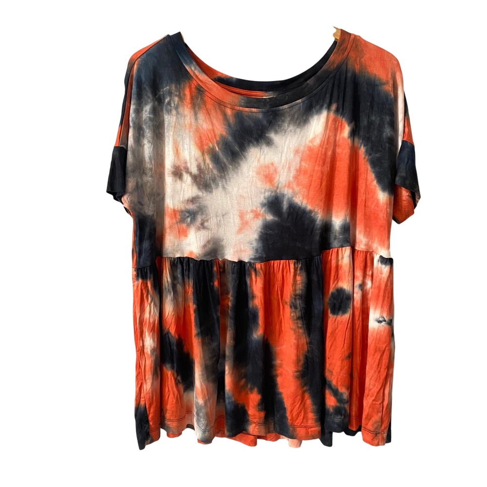 Hayden Los Angeles Women Orange Black Tie Dye Babydoll Peplum Top Sz M Festival